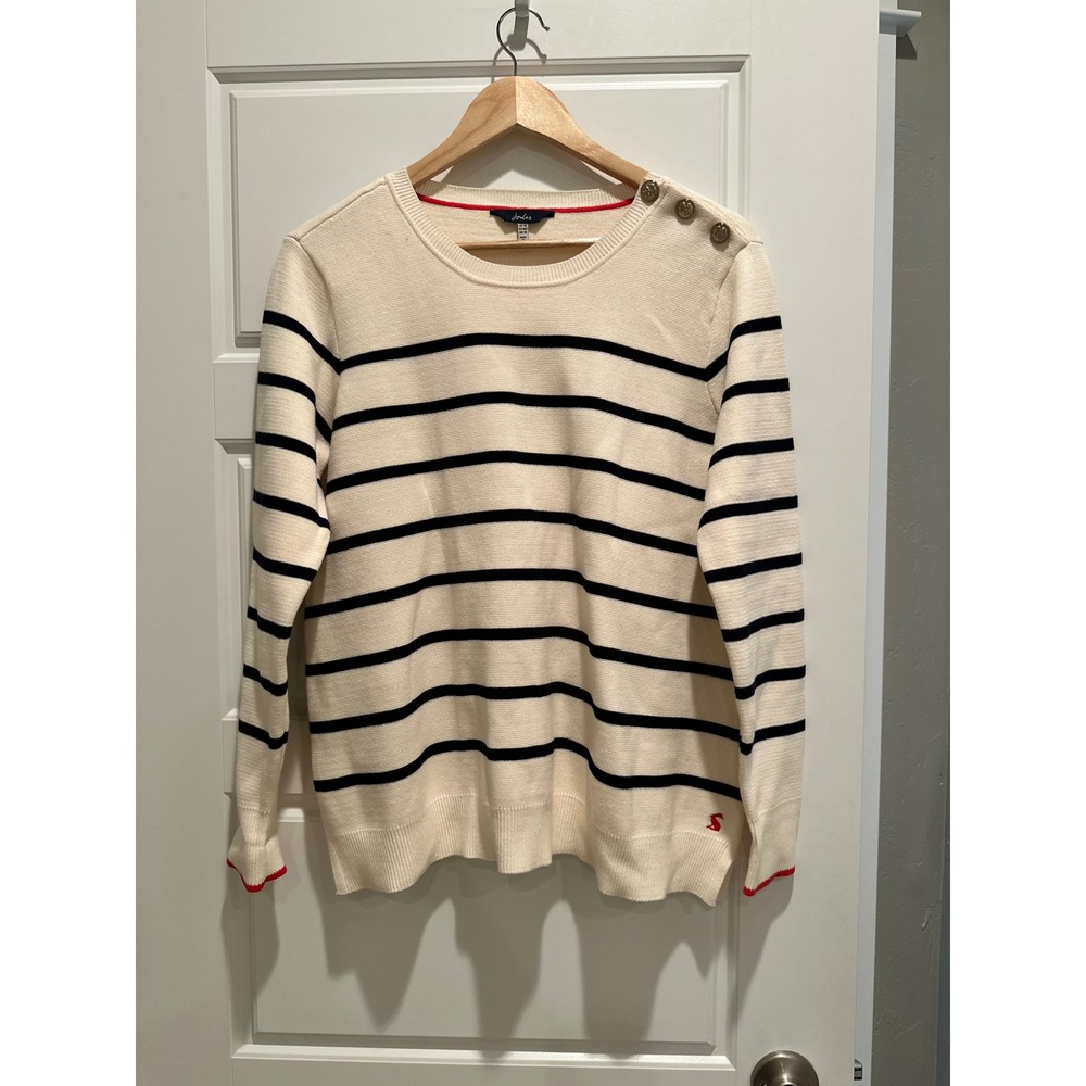 Joules Portlow Stripedβ Cotton Sweater Cream Navy Button Shoulder US 10 Nautical